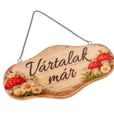 Ajtódísz Natúr tábla Már vártalak felirattal láncos 25x12cm