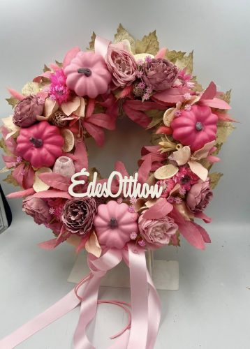 Rózsaszín fehér tökkel ,őszi ajtódísz extra nagy 