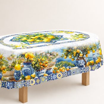   Citrom témájú ovális asztalterítő – Mediterrán patchwork mintával – 152x213 cm