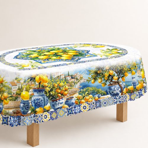 Citrom témájú ovális asztalterítő – Mediterrán patchwork mintával – 152x213 cm