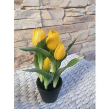   Élethű gumi Tulipán  4 szálas virágcserépben 22cm #sárga