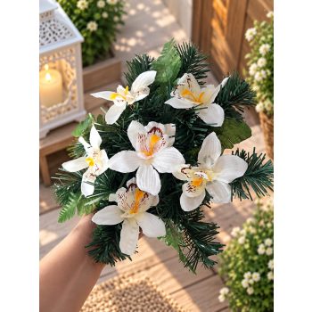   Sírdísz arany műanyag tálban selyem orchidea díszítéssel M14x30cm fehér