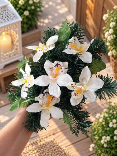Sírdísz arany műanyag tálban selyem orchidea díszítéssel M14x30cm fehér
