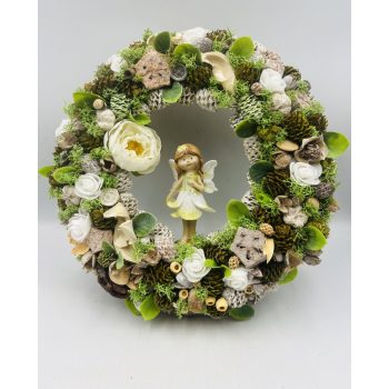   ajtódísz tündér figurával – kb. 30 cm, natúr-zöld dekoráció
