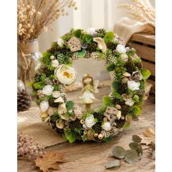   ajtódísz tündér figurával – kb. 30 cm, natúr-zöld dekoráció