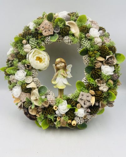 ajtódísz tündér figurával – kb. 30 cm, natúr-zöld dekoráció
