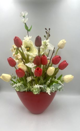 Tulipános asztaldísz piros fehér 