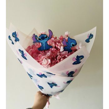   Stitch mintás ballagási csokor – Nyomtatott figurás örökvirág csokor ovis és iskolás ballagási csokor