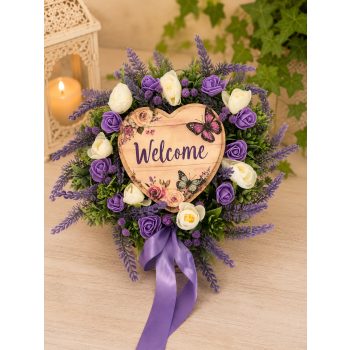   Welcome levendulás ajtódísz szív táblával – 30 cm-es bejárati dekoráció