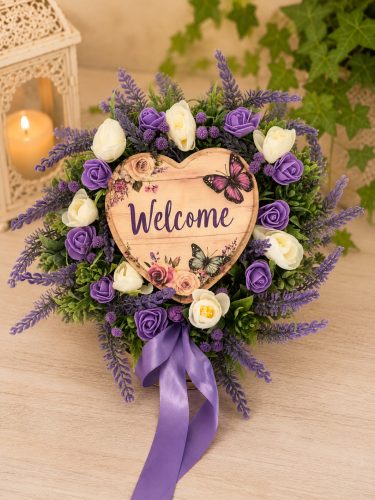 Welcome levendulás ajtódísz szív táblával – 30 cm-es bejárati dekoráció