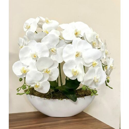 Csónak kaspós orchidea fehér 4 szálas, fehér kaspóban -élethű művirág