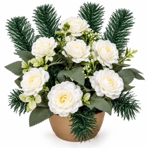 Sírdísz féloldalas kerek fekete műanyag tálban selyem krizantém díszítéssel M25x25cm fehér