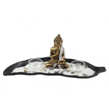 Buddha +2db mécsestartó levélen 36cm