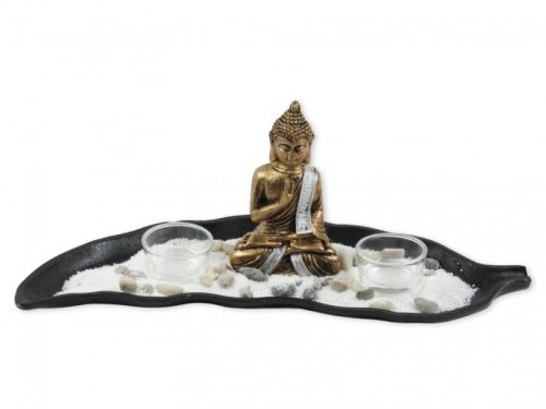 Buddha +2db mécsestartó levélen 36cm