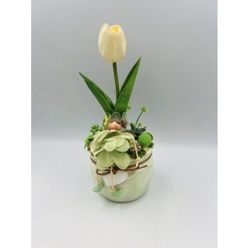   Asztaldísz fehér–zöld színvilágban figurával, kerámia kaspóban