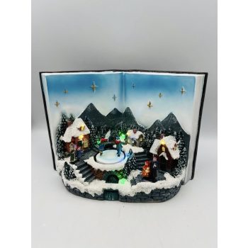   Zenélő Nyitott Könyv – Téli Falu Jelenettel, Forgó Gyerekekkel és LED Világítással (29×20 cm)