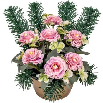   Sírdísz féloldalas kerek fekete műanyag tálban selyem krizantém díszítéssel M25x25cm lila