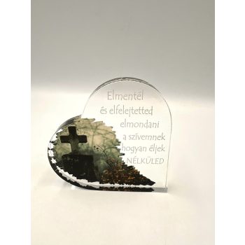 Temetői dísz Vastag szív alakú plexi- kereszt 10x10cm