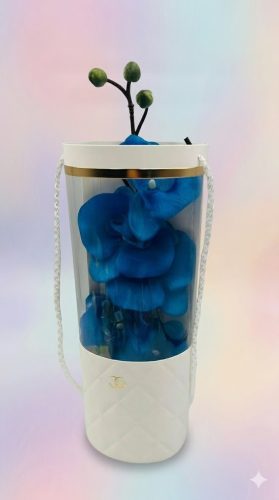 Kék orchidea dekor díszdobozban – választható felirattal