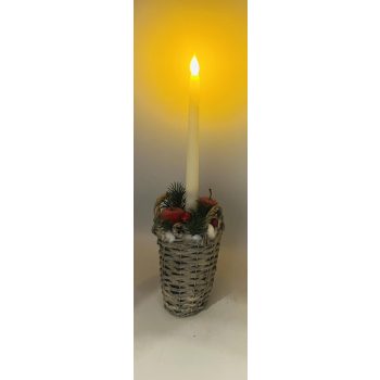   Vessző kosaras karácsonyi dekoráció LED gyertyával – piros-fehér, 38 cm