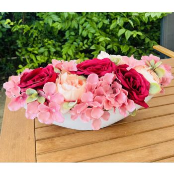   Színes csónaktálas asztaldíszélethű művirágokkal élénk  VÁLASZTHATÓ FELIRATTAL