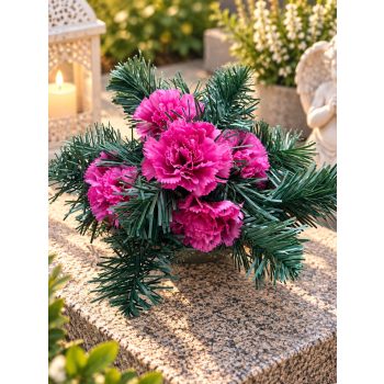   Sírdísz kis arany műanyag tálban selyem szegfű díszítéssel M13x25cm pink