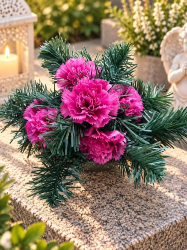 Sírdísz kis arany műanyag tálban selyem szegfű díszítéssel M13x25cm pink