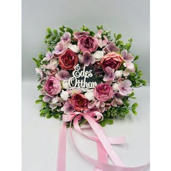   30 cm-es művirágos ajtódísz „Édes otthon” felirattal – mályvás színvilág