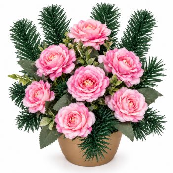   Sírdísz féloldalas kerek fekete műanyag tálban selyem krizantém díszítéssel M25x25cm rózsaszín