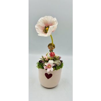   Szíves kerámia kaspós asztaldísz fiú figurával – rózsaszín