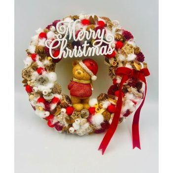   33 cm karácsonyi ajtódísz – fehér-barna-piros, nagy macival és “Merry Christmas” felirattal