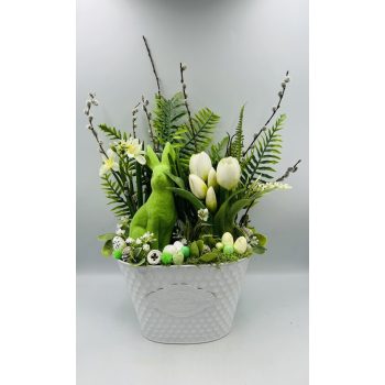   Húsvéti asztaldísz nyuszival – 42 cm magas, zöld-fehér tavaszi dekoráció