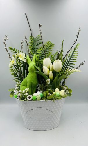Húsvéti asztaldísz nyuszival – 42 cm magas, zöld-fehér tavaszi dekoráció