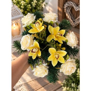   Sírdísz közepes arany műanyag hajóban selyem rózsa és orchidea díszítéssel M23x38cm