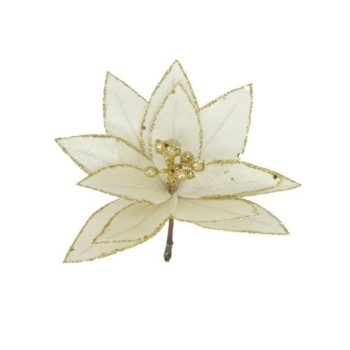   Selyemvirág mikulásvirág glitteres, csiptetős, textil, 18 cm, krém, arany