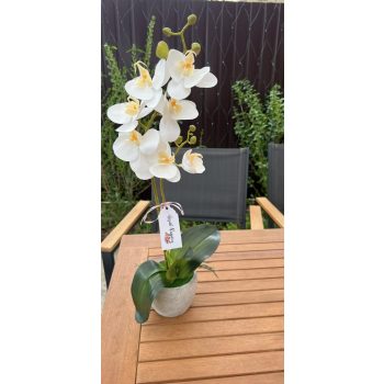 Fehér orchidea dekor 2 ágas, szürke színű kaspóban-anyáknapi felirattal is    Fehér orchidea dekor 2 ágas, szürke színű kaspóban-anyáknapi felirattal is