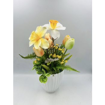   Sárga virágos dekor „Sok szeretettel” felirattal – fehér kaspóban (kb. 30 cm)