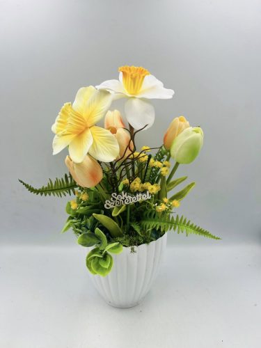 Sárga virágos dekor „Sok szeretettel” felirattal – fehér kaspóban (kb. 30 cm)