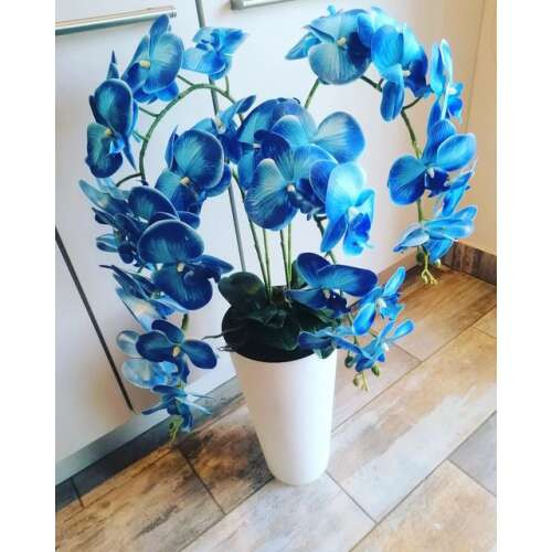 Kék orchidea kompozíció fehér padlóvázában – 95 cm elegancia