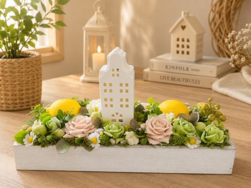 LED házikós asztaldísz citromokkal – 40 × 18 cm