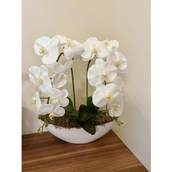 Élethű orchidea 2 szálas fehér, fehér csónak kaspóban ,zöld levelekkel    Élethű orchidea 2 szálas fehér, fehér csónak kaspóban ,zöld levelekkel