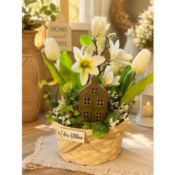 Édes Otthon virágkosár házikóval – 32 cm magas