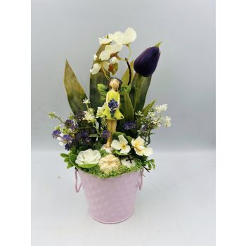   Anyák napi asztaldísz kaspóban – figurával, művirágokkal, választható felirattal