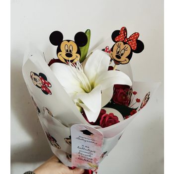   Mickey és Minnie mintás ballagási csokor – Nyomtatott figurás örökvirág csokor