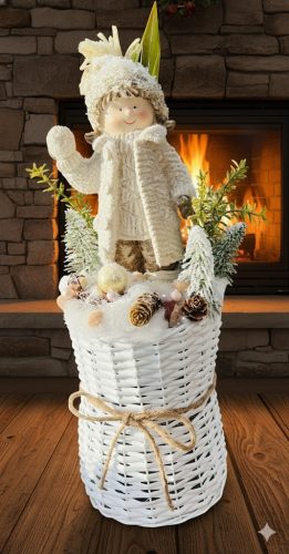 ️ 55 cm-es Téli Gyermekfigurás Kosárdekor – Havas, Prémium Stílusban Fontos: Ez a vendégváró dekoráció mérete miatt nem rendelhető csomagautomatába, csak házhoz szállítással tudjuk kézbesíteni.