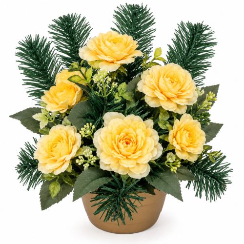 Sírdísz féloldalas kerek fekete műanyag tálban selyem krizantém díszítéssel M25x25cm sárga