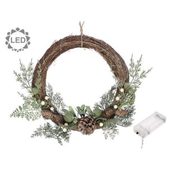 Koszorú fenyővel, tobozzal, LED-es 30 cm