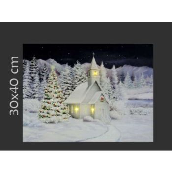   3+40 LEDes világító falikép havas templom + karácsonyfa 40x30cm