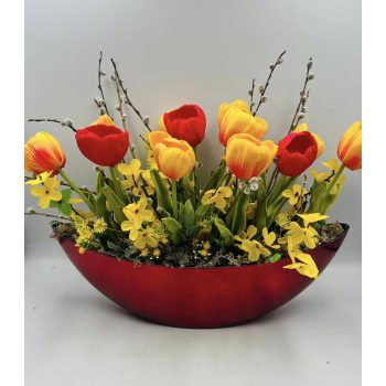   Tavaszi tulipános asztaldísz – 35 cm  kaspóban, barkával és művirágokkal