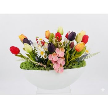   Orchideás és tulipános asztaldísz kaspóban – 35 cm | választható felirattal